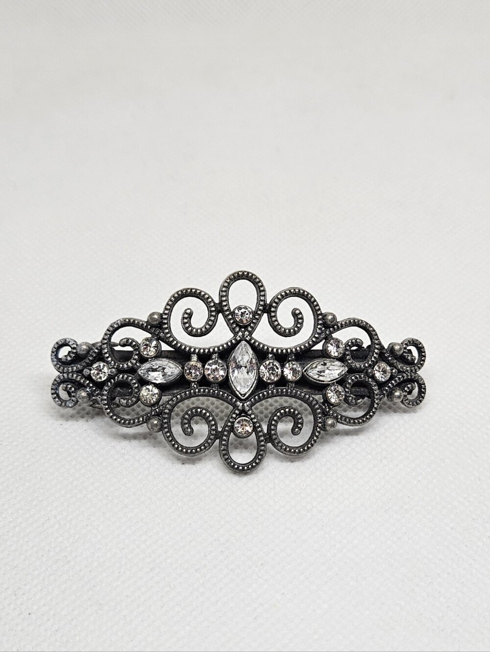Vintage Style Rhinestone Filigree Hair Barrette Silver Tone Statement